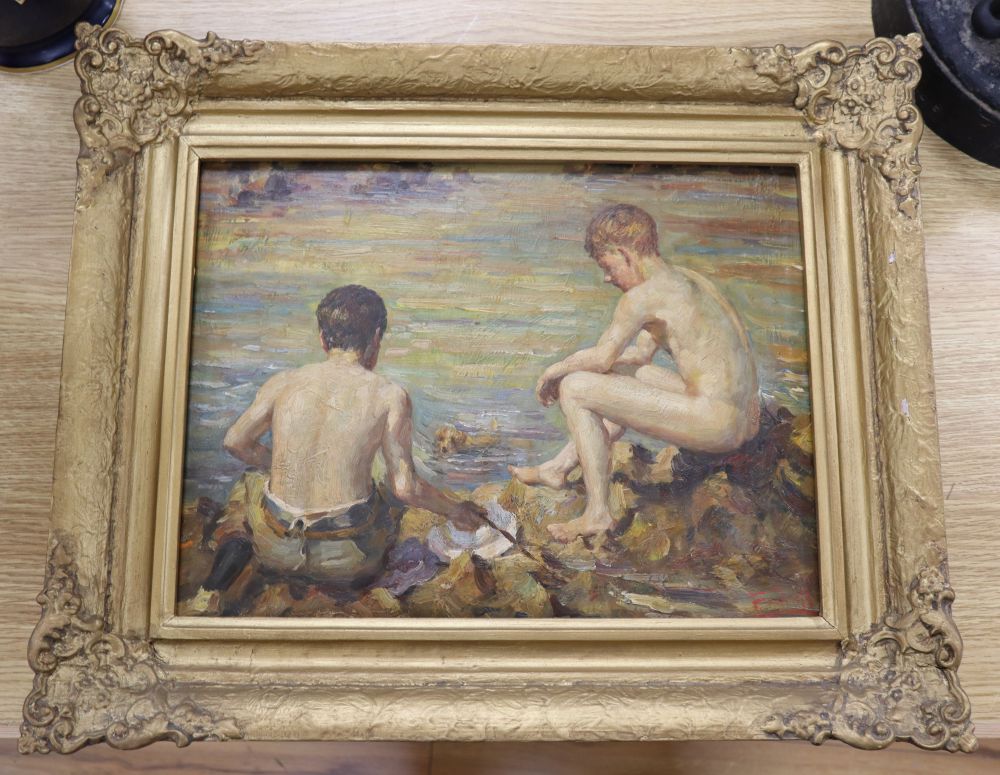 After Henry Scott Tuke, oil on board, Boys on the seashore, 29 x 38cm